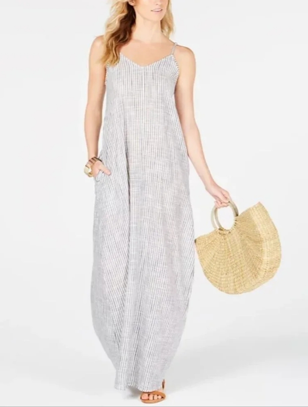 Sale🥰 Raviya100% Cotton Seersucker Seer Sucker Pinstripe Maxi With Pockets